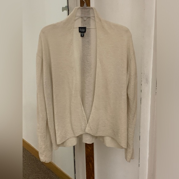 Women's Medium Ivory Cream Wool Crepe Eileen Fisher Open Front Cardigan Top - Picture 5 of 14